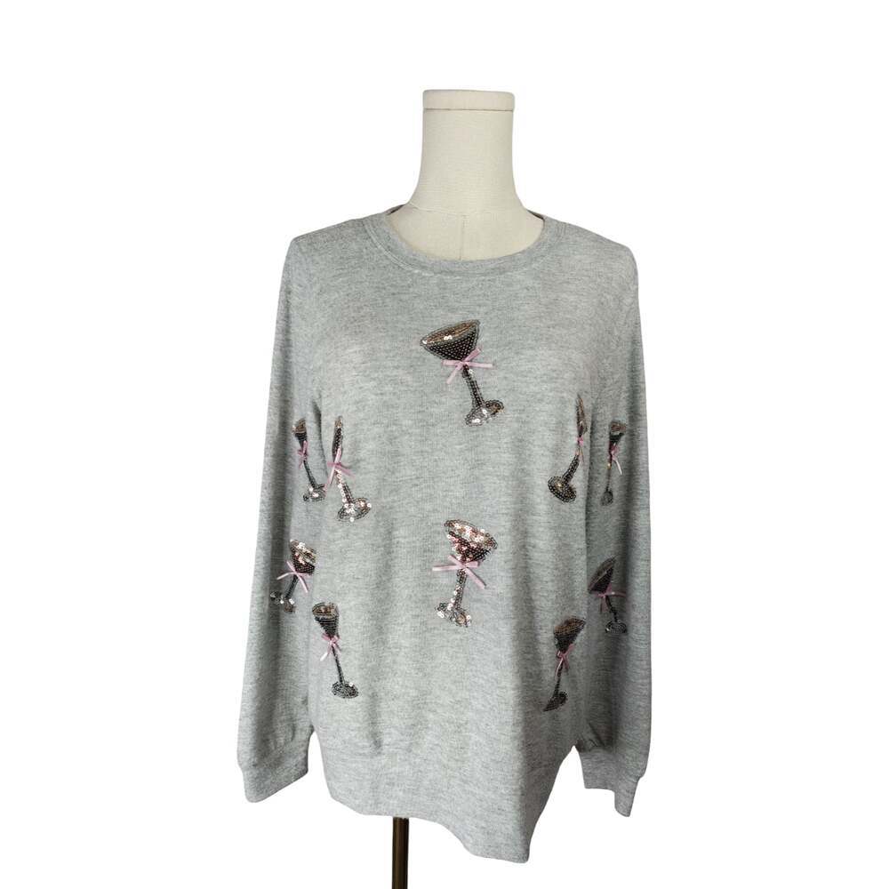 Tru Self Gray Sequin Martini Glass Graphic Sweatshirt Size M NWT